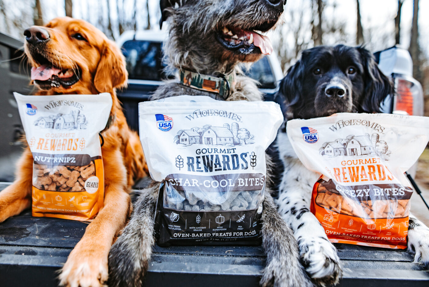 Three dogs lay in the back of a truck, each with a bag of Wholesomes Rewards dog treats